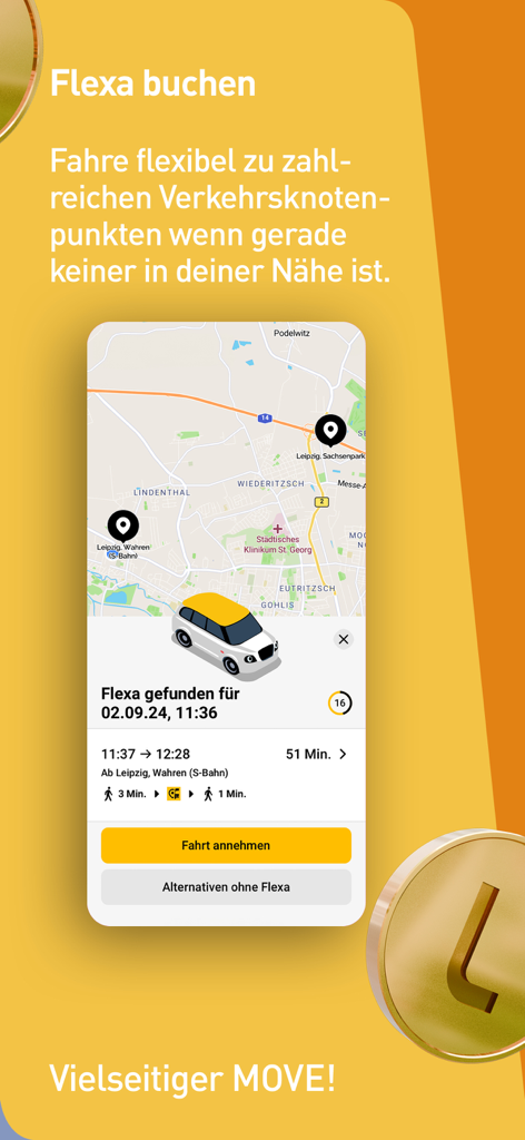 LeipzigMOVE App-Oberfläche, die eine Flexa On-Demand-Shuttle-Buchung mit Karte und Reiseinformationen anzeigt