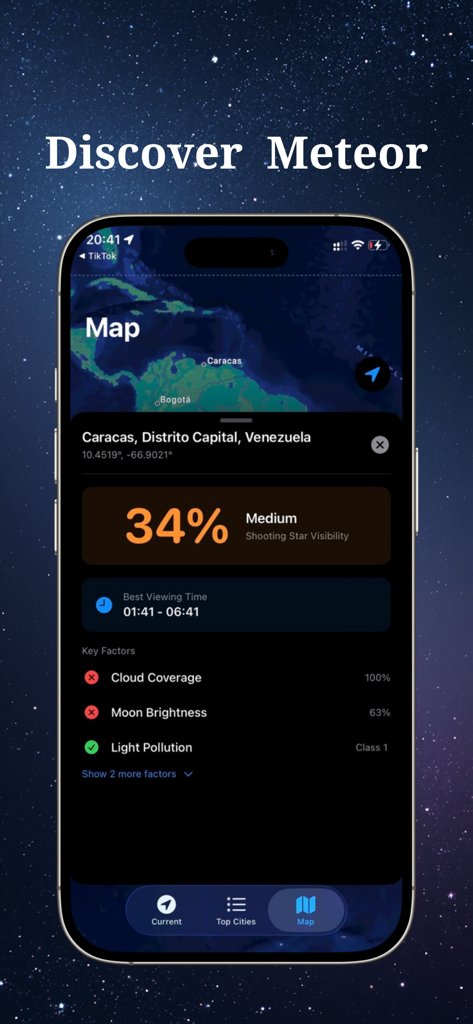 Shooting Star & Meteor Shower - FallingStar app screen showing a meteor visibility map with shooting star probability and key factors like cloud coverage and light pollution.