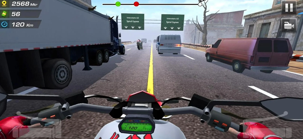 Highway Moto Rider 2 Bike Game - First person view of a motorcycle rider dodging traffic on a highway