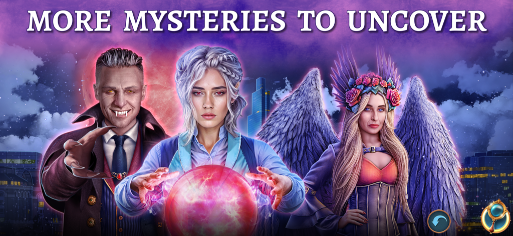 Magic City: Hidden Objects F2P - Three supernatural characters including a vampire and a winged woman in front of a glowing crystal ball