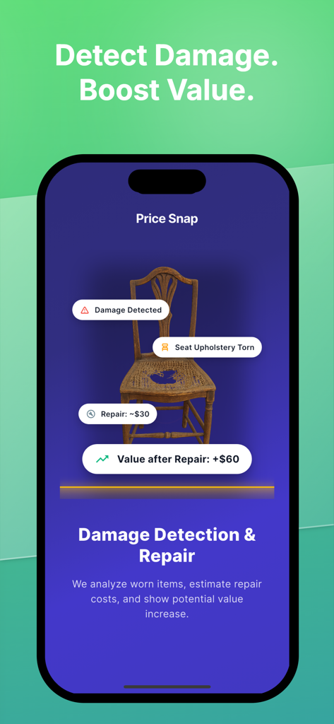 Price Snap: Ai Value Scanner - Price Snap mobile app interface showing AI damage detection and repair value estimation for a vintage chair