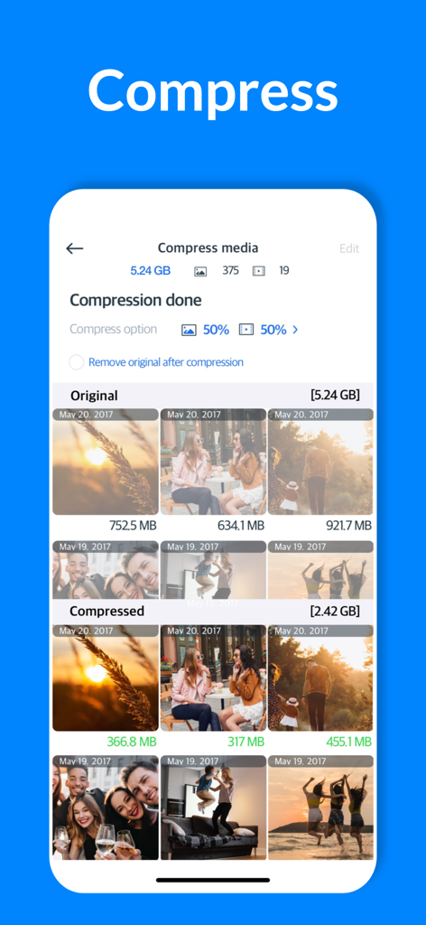 Cleansmith: Photo Cleaner - Tela de smartphone mostrando o aplicativo Cleansmith comprimindo fotos e vídeos para economizar espaço de armazenamento.