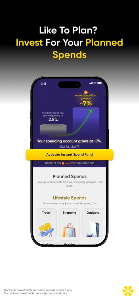 Multipl: Spending Account - Multipl app interface showing a comparison between low bank interest and high yield investment for planned spends like travel and gadgets.