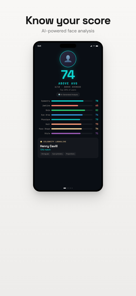 Glow Up App - AI Face Rating - AI顔評価の結果画面、スコア74と顔の特徴の詳細分析を表示
