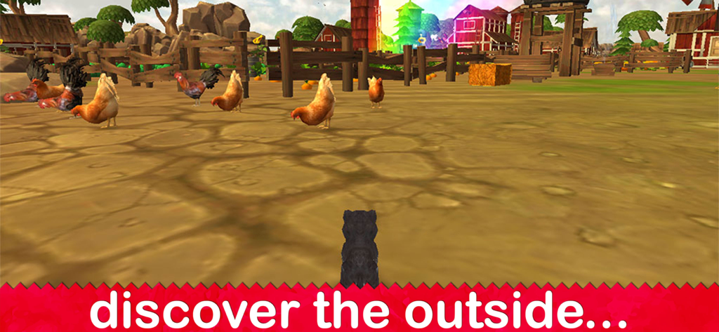Dog Simulator 2022 - A black virtual dog exploring a farm yard with chickens and barns