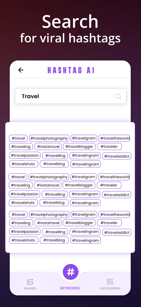 Hashtag Generator - Top Follow - Interfaccia di un'app generatore di hashtag che mostra hashtag virali per contenuti di viaggio