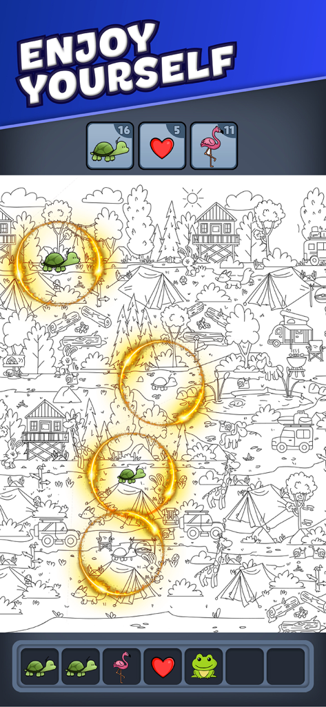 Triple Match City - Gameplay-Screenshot von Triple Match City mit einer Wimmelbild-Schatzsuche auf einem schwarz-weißen Campingplatz.