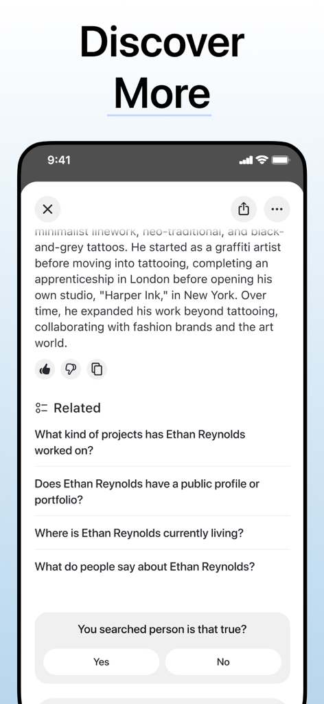 Deepsearch AI Search Assistant - Deepsearch AI 앱 화면에 사람 검색에 대한 배경 정보와 후속 질문이 표시됩니다.