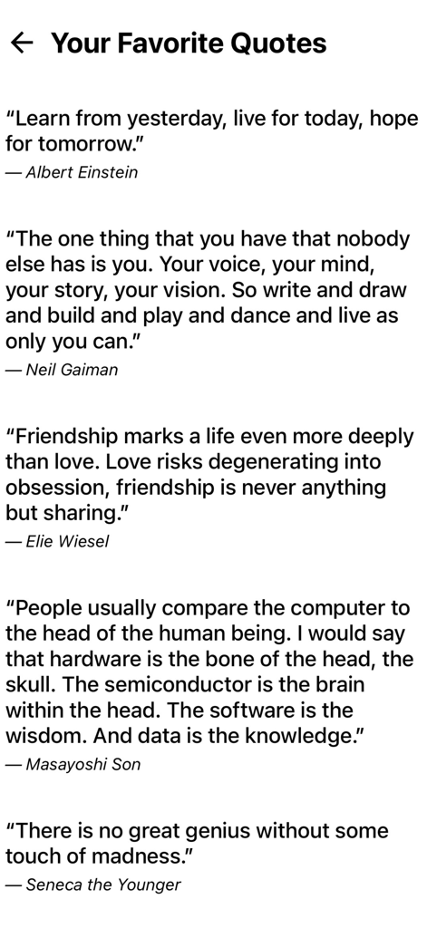 Upword (c852e1) - A list of saved favorite quotes in the Upword app featuring various authors.