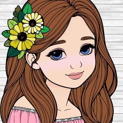 realistic 9 year old girl with flower in her hair