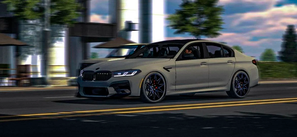 A customized grey sports sedan driving through a city street in Car Parking Multiplayer