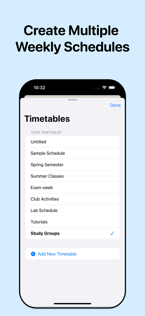 Timetable - Class Schedules - Timetableアプリの複数の週刊スケジュールのリストで、春学期や試験週などのオプションが表示されています