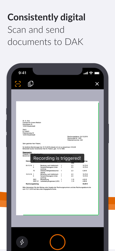 iPhone screen showing the DAK app document scanning feature with a document in the viewfinder