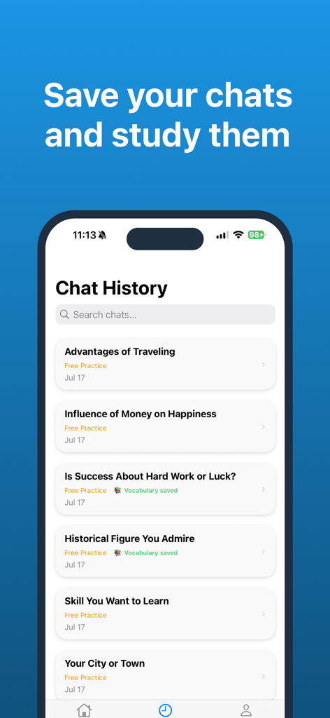 Flowo AI app screen showing a list of saved chat conversations and study topics