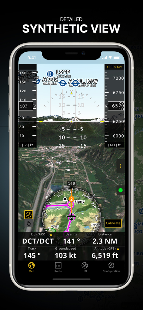 Air Navigation Pro - Air Navigation Pro app displaying the detailed synthetic view feature with 3D terrain and integrated flight instruments