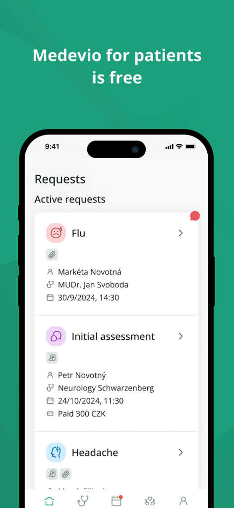 Medevio - Medevio mobile app interface showing active medical requests for flu and initial assessments
