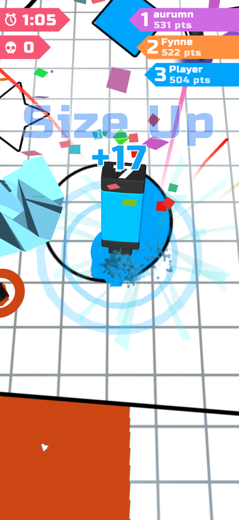 MagicMarker.io - A blue marker coloring a shape in the MagicMarker io arena with a leaderboard and size up notification