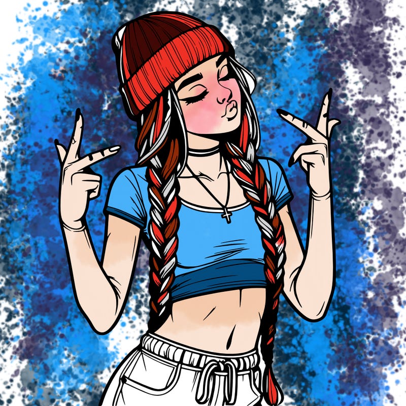 realistic teenage girl with braids and a beanie and crop top doing 🫶🏼