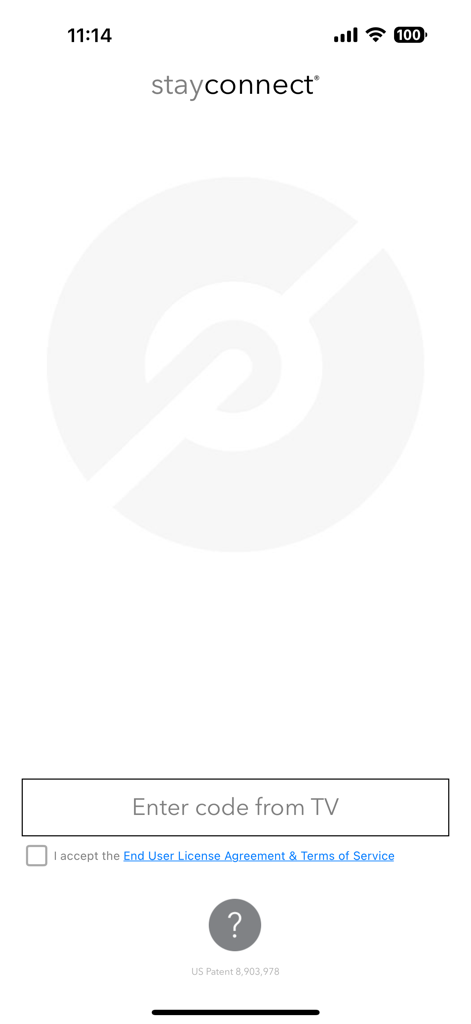 stayconnect® remote - 페어링 코드를 사용하여 모바일 기기를 호텔 TV와 페어링하는 StayConnect 앱 화면