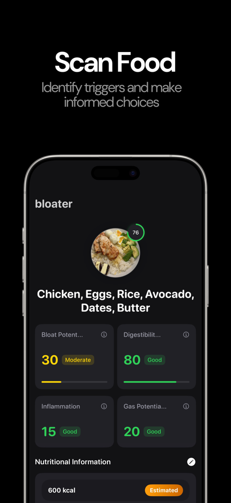 Interface of Bloater AI app showing a food scan analysis with bloating and inflammation scores