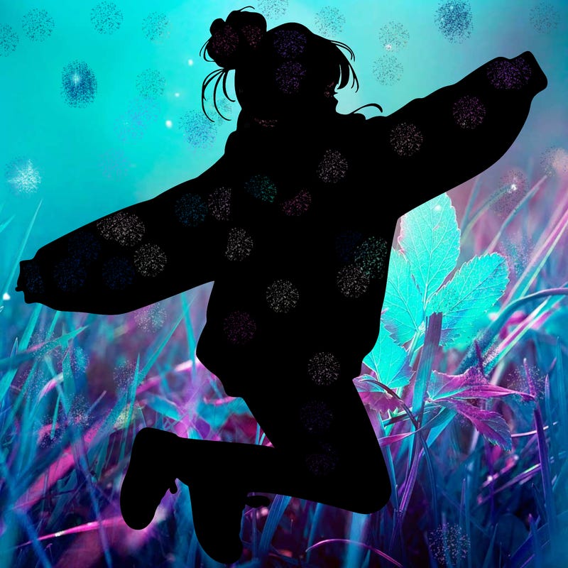 realistic girl jumping with a bun and oversized sweatshirt