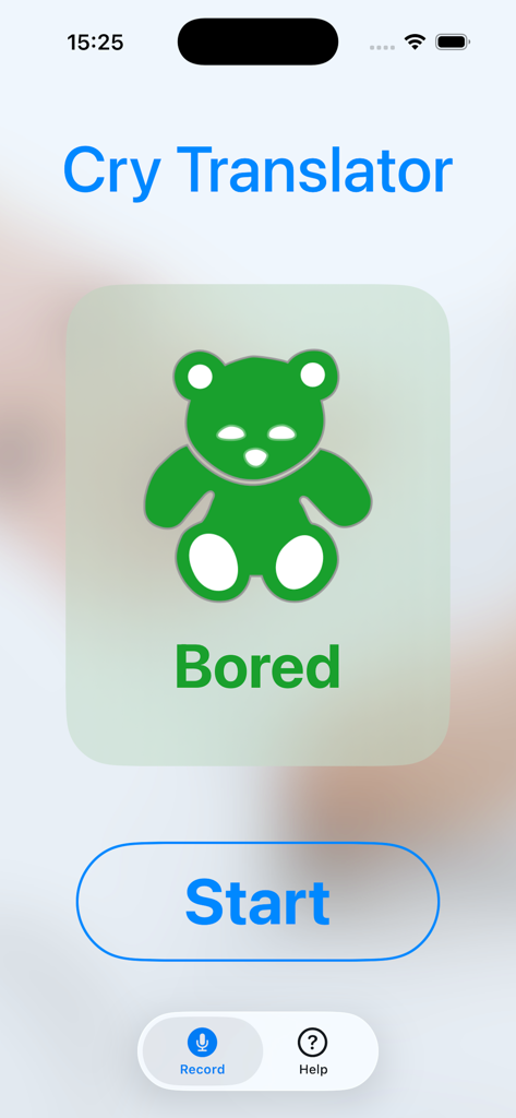 Cry Translator - Screenshot of the Cry Translator app interface showing a green teddy bear icon and the word Bored to identify a baby's cry reason.