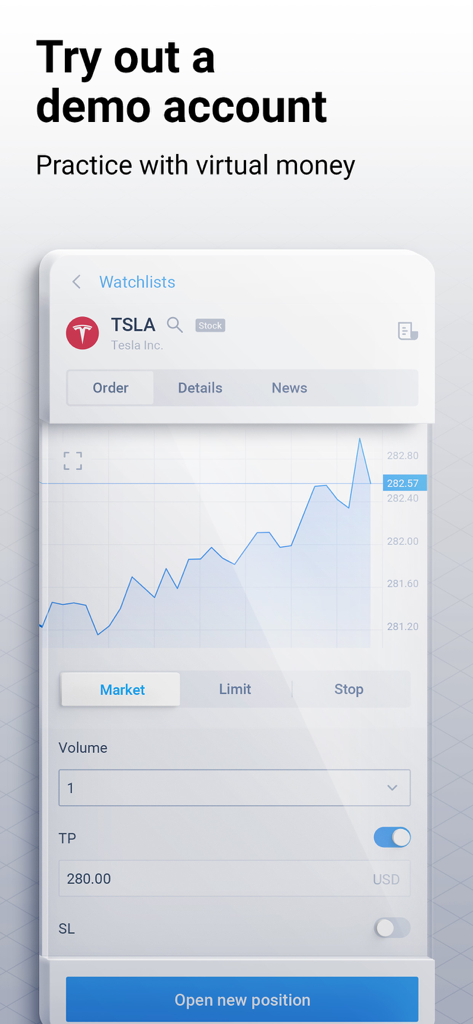 RoboMarkets Stocks Trader - Pantalla de cuenta demo de RoboMarkets Stocks Trader que muestra un gráfico de acciones de Tesla y opciones de colocación de órdenes