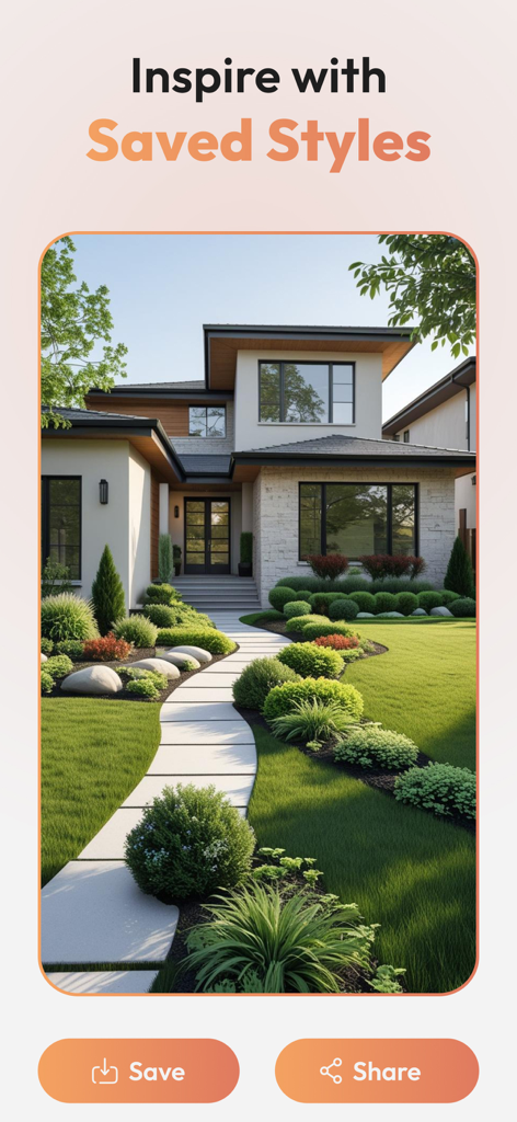 HomeAura: AI Interior Design - Fachada de casa moderna gerada por IA e design de paisagismo