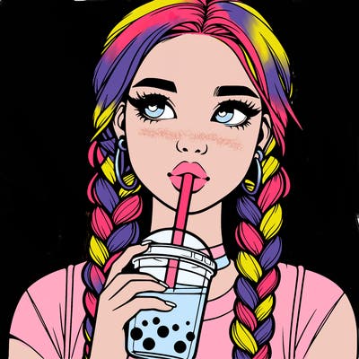realistic girl with braided hair drinking boba