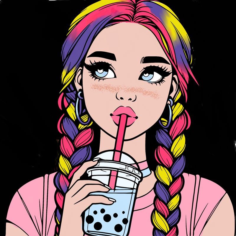 realistic girl with braided hair drinking boba