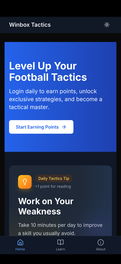 Winbox Tactics - Pantalla de inicio de la app Winbox Tactics con consejos de estrategia de fútbol y un panel de puntos diarios