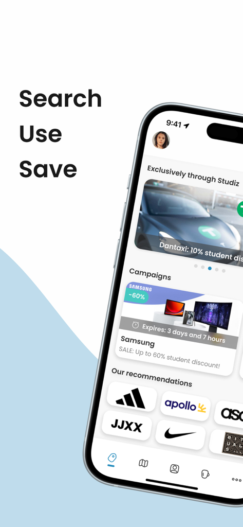 Studiz USA - 삼성 및 나이키와 같은 브랜드에 대한 학생 할인이 있는 Studiz USA 앱을 표시하는 iPhone 화면