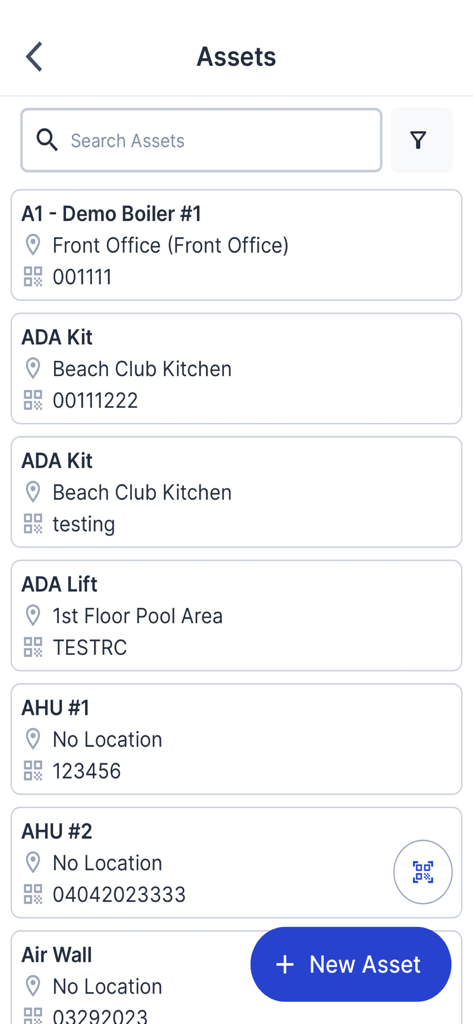 Transcendent Work Management - A mobile interface for Transcendent Work Management showing a list of facility assets with their names, locations, and identification numbers.