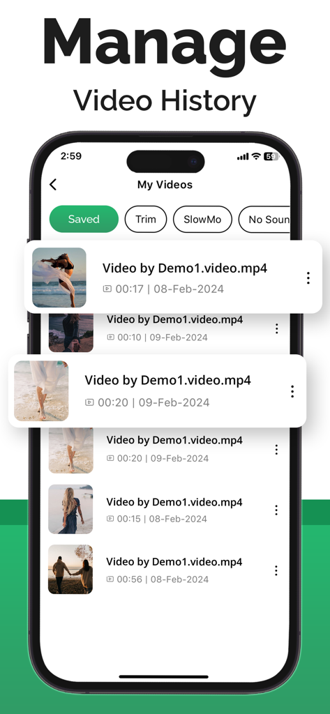 Video Downloader - Download - ダウンロードされたmp4ビデオのリストと管理・編集オプションを表示するスマートフォン画面