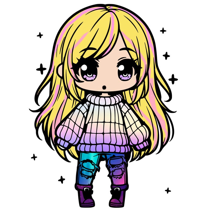 chibi girl with ripped jeans,long hair, and an oversized sweater
