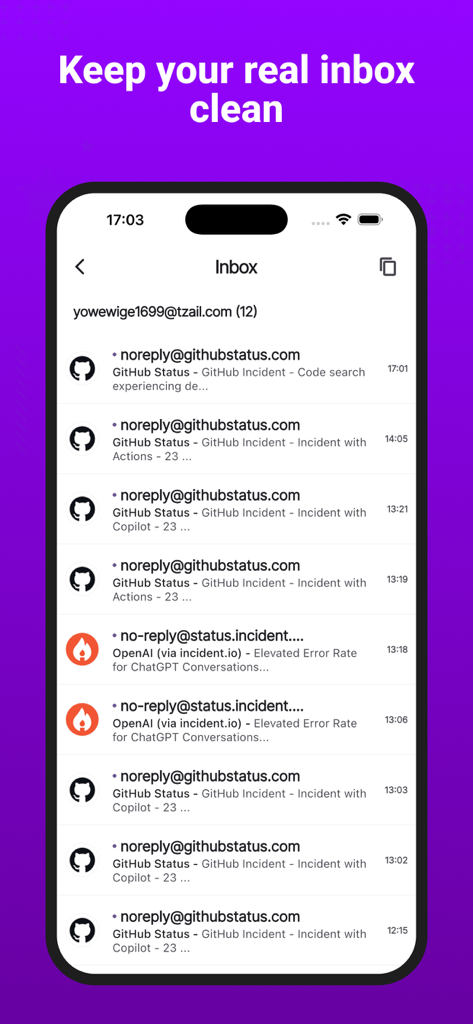 Fake Mail - Temp Mail - Interfaccia della casella di posta dell'app Fake Mail che mostra le email ricevute per mantenere pulita la casella di posta reale.