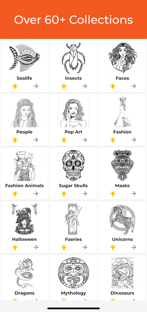 Coloring Book Pro Adult Relax - Menu of over 60 coloring book categories including fashion animals and mythology themes