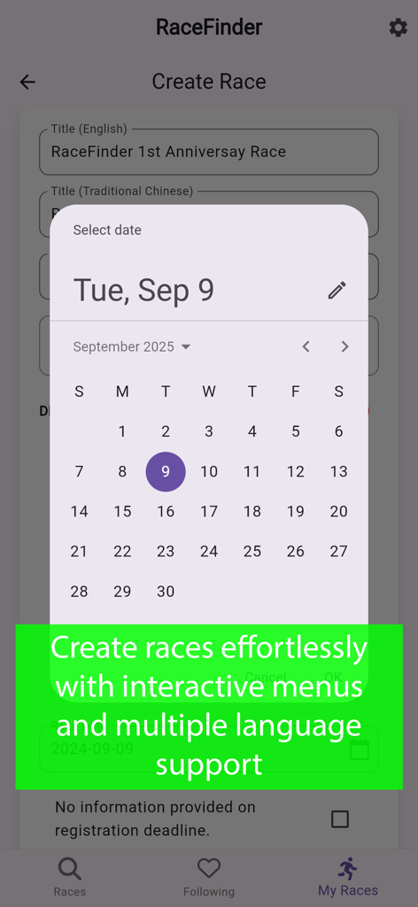 RaceFinder - RaceFinder app interface for creating a new race featuring a date picker calendar and multilingual title options.