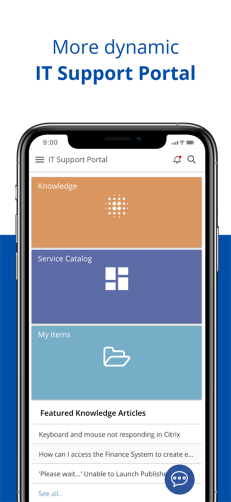 Ivanti Neurons for ITSM & ITAM - Pantalla móvil que muestra el portal de soporte de TI de Ivanti Neurons con secciones de Conocimiento, Catálogo de Servicios y Mis Elementos