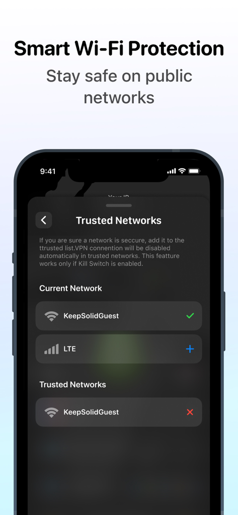 A screenshot of VPN Unlimited showing the Trusted Networks feature for smart Wi-Fi protection on public networks