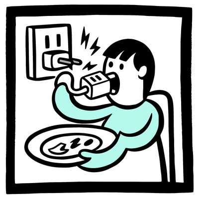 a painting of a person eating a charger