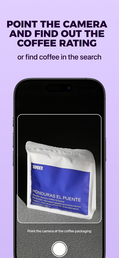 BrewRate – Coffee Reviews - A smartphone screen using the BrewRate app camera to scan a bag of Sonder specialty coffee for ratings and reviews.