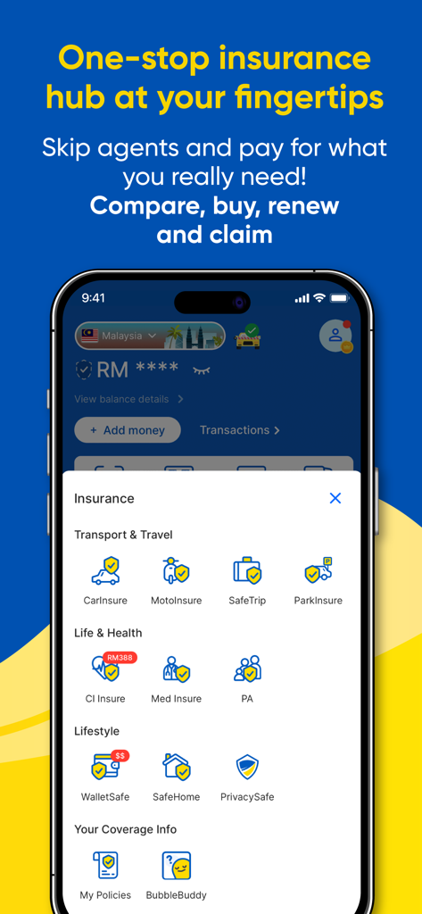 Touch n Go eWallet insurance feature showing transport travel life health and lifestyle insurance options