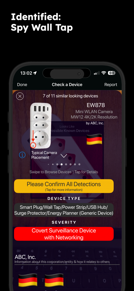 deviceOwl: Find Spy Devices - La aplicación deviceOwl identificando una cámara espía oculta dentro de un enchufe de pared.