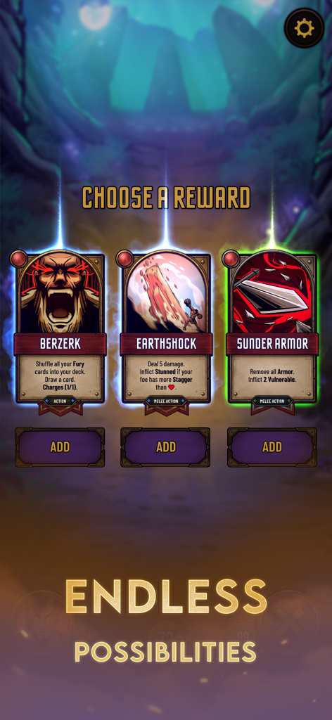 Dawncaster: Deckbuilding RPG - A reward screen in Dawncaster showing three hand-illustrated action cards titled Berzerk Earthshock and Sunder Armor