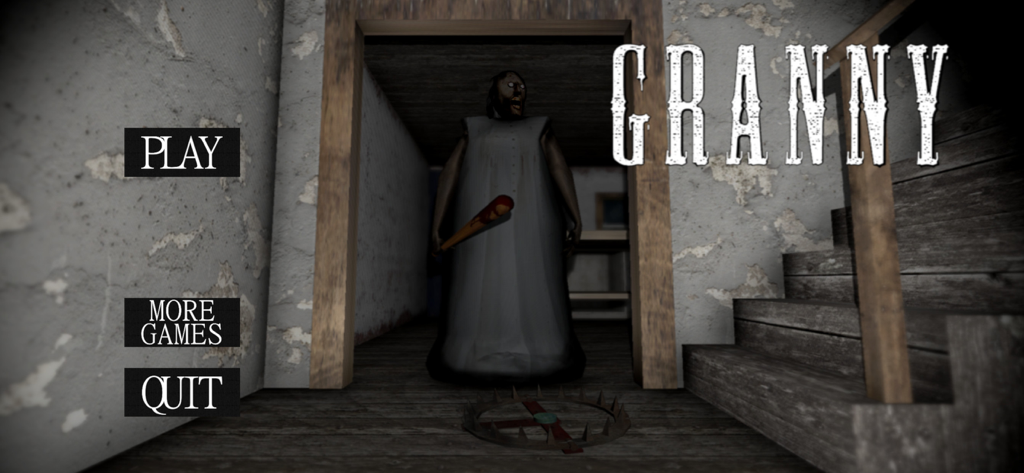The main menu screen of the Granny horror game featuring the character holding a bat in a creepy house hallway.