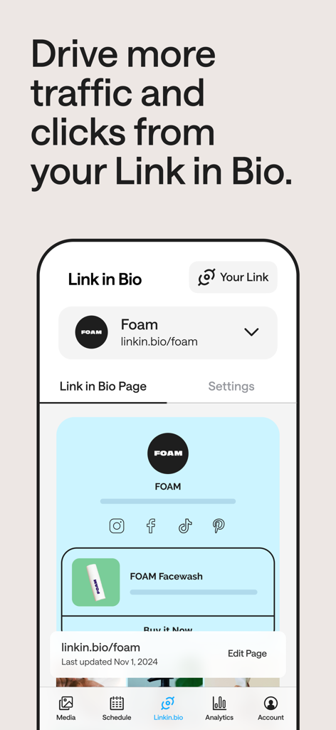 Later: Social Media Scheduler - Screenshot der Later-App-Oberfläche, die das Link-in-Bio-Verwaltungstool zur Steigerung des Social-Media-Traffics zeigt.