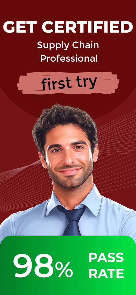 Un uomo sorridente in una schermata promozionale per la preparazione all'esame CSCP con un tasso di successo del 98 percento