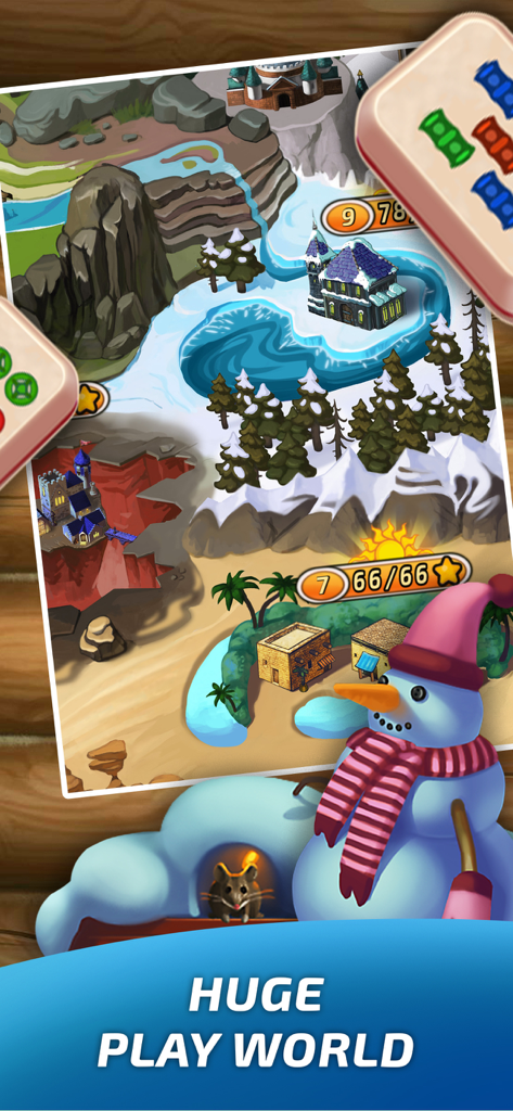 Mahjong Village Solitaire game - A colorful game map in Mahjong Village Solitaire showing various themed worlds like snow, desert, and canyons.