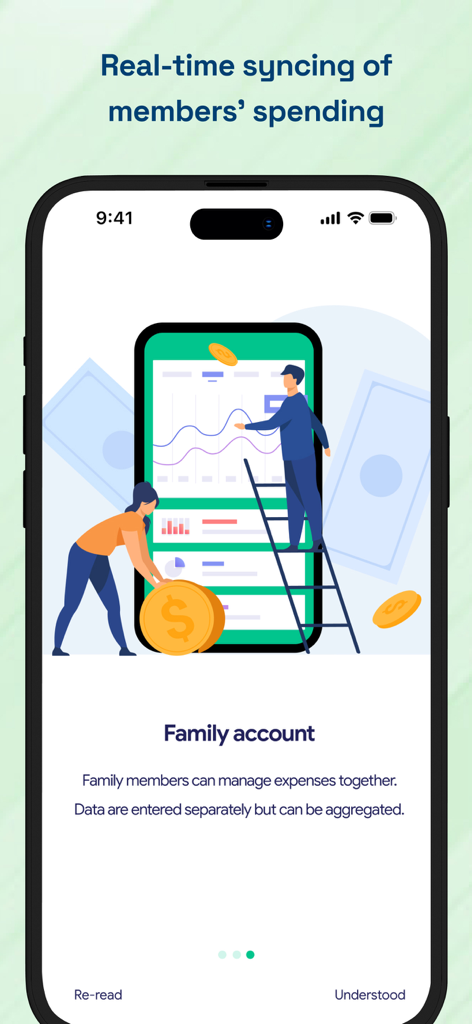 Budget Planner & Tracker: HeDa - HeDa app family account screen showing real-time expense syncing between household members